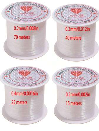 4捲堅固不彈的白色透明水晶繩,適用於串珠,分別為0.2mm、0.3mm、0.4mm和0.5mm