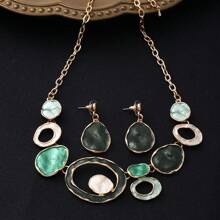 1套2入組復古彩色搪瓷幾何橢圓形中空鋅合金珠寶套裝,包括項鍊和耳環,適合女性,適用於復古派對 - 幾何 - 查看 21