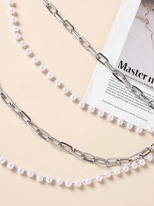 1入女士珍珠&合金時尚鏈條,105cm,適用於派對、婚禮和日常穿著(常規和加大尺碼可用) - 銀色 - 查看 6