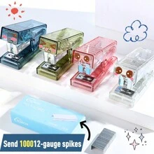 簡易桌面透明迷你訂書機,辦公用品考試文件整理裝訂機,學生創意文具（每盒附送1000枚釘子） - 粉色 - 查看 2