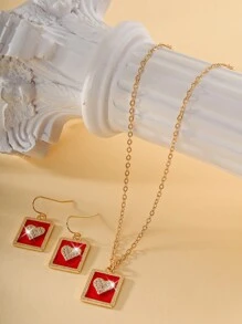 1set French Style Exquisite Micro-Inlaid Gemstone Oil-Drop Version Poker Card Heart A Necklace And Earrings Set - Yellow Gold - View 3