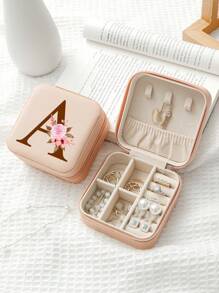 1入組A-Z字母印花粉色珠寶收納盒，戒指收納盒，項鍊收納盒，耳環收納盒，女士首飾收納盒，聖誕節禮物，生日禮物，給媽媽、伴娘、朋友的禮物
