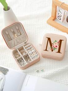 1入組A-Z字母印花粉色珠寶收納盒，戒指收納盒，項鍊收納盒，耳環收納盒，女士首飾收納盒，聖誕節禮物，生日禮物，給媽媽、伴娘、朋友的禮物