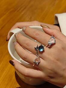 1枚奢華水滴形水晶戒指,附925銀、粉色和藍色寶石,適合情人節、母親節等禮物 - 經典 - 查看 6