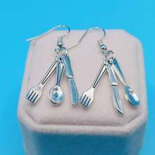 1對復古簡約時尚小刀叉勺吊墜耳環,創意新奇耳環 - 銀色 - 查看 1