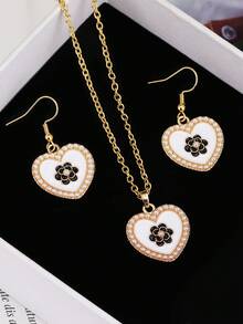 1入/2入/3入組時尚心形耳環和項鍊套裝,黑/白色山茶花吊墜,2024年新品聖誕禮物,高端精緻的日常配飾,還附帶珍珠耳環和長毛衣鍊 - 愛心珍珠花朵耳環項鍊套裝 - 查看 12