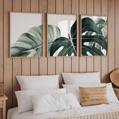 Bộ Của 3 Nhiệt đới Thực vật Quái vật Lá cây Bức tranh Thực vật Nghệ thuật tranh sơn dầu Áp phích In Tối giản Tranh treo tường Đối với Phòng khách , Phòng ngủ , Văn phòng Phòng , Phòng , Nhà  Đồ trang trí , Không có khung
