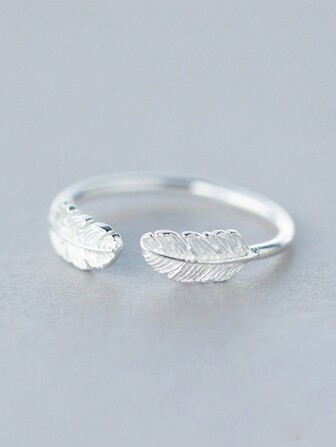 HuooNew 1pc Delicate 925 Sterling Silver Feather Ring, Adjustable Fit For Women Daily Wear