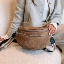 1pc Fashion Double Zipper Waist Bag, Women Faux Leather Crossbody Bag With Wide Strap - Brown - View 3