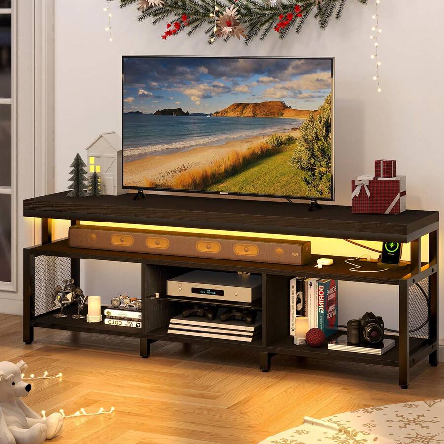 LED TV Stand With Power Outlets For 70/65/60 Inch TV Entertainment Center Media Console - 黑色 - 查看 1