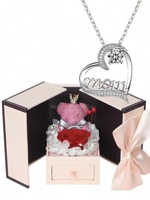 心型項鍊母親節頸鍊附玫瑰禮盒,聖誕節禮物,致敬母親節,聖誕節,情人節,生日,母親,祖母,妻子的完美禮物