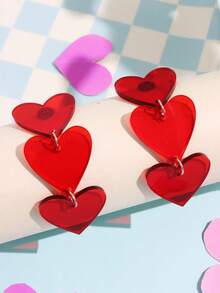 1雙女性情人節珠寶長型幾何透明紅色三顆心形搖晃耳環 - 紅色 - 查看 4