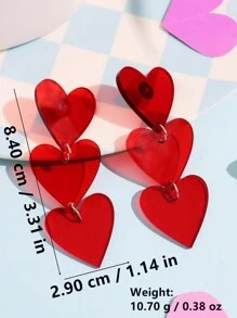 1雙女性情人節珠寶長型幾何透明紅色三顆心形搖晃耳環 - 紅色 - 查看 3