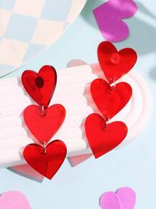 1雙女性情人節珠寶長型幾何透明紅色三顆心形搖晃耳環 - 紅色 - 查看 1