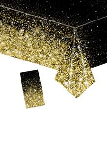 1片 137*274cm 黑金塑料桌布,搭配金色閃光粉色桌布,適用於派對裝飾 - 黑金色 - 查看 1