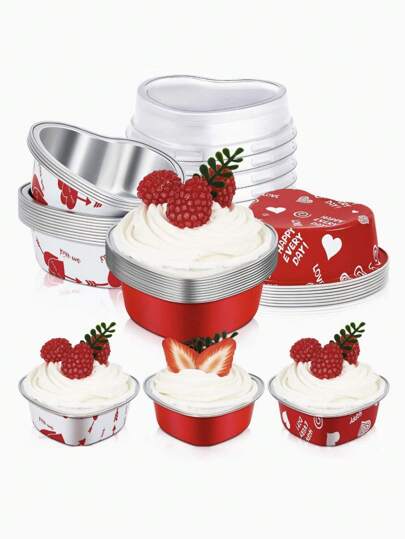 10pcs Disposable Heart Shaped Aluminum Foil Cake Pan With Lid, Cupcake Liners, Perfect For Baking At Home Kitchen, Birthday Party, Valentine's Day