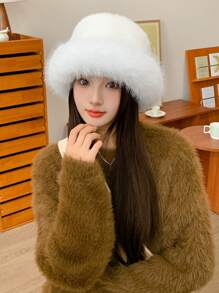1頂時尚女帽，純色草原風格白色盆帽，冬季戶外保暖耳朵加厚布襯桶帽，適合日常佩戴 - 白色 - 查看 13