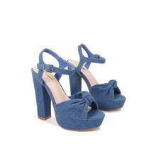 Women's Pleated Bow Knot Platform Heeled Sandals Open Toe Chunky Block Heel Ankle Buckle Strap Bridal Wedding Dress Shoes - Màu xanh lam - Xem 1