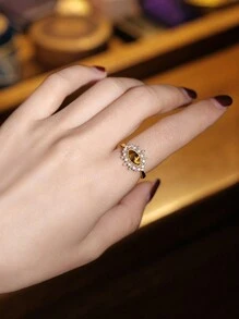 Stylever 1pc Vintage Unique Krocodylite Ring Ladies Jewelry For Women S925 Sterling Silver Exquisite Natural Yellow Tiger Eyes Tumbled Stones Single Ring Fine Jewelry Gifts For Girls Birthday Prom Party For Daily Life Dating Decor - Gold - View 4