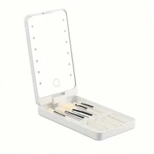 Led Portable Makeup Mirror With Rotating Folding Mirror, Brush Holder And Storage Box Vanity Mirror For Home Tabletop Decoration, Bathroom, Dresser Vanity & Countertop Bedroom Travel Dormitory Mirror Women Gift - White - View 1