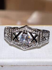 艾菲爾鐵塔訂婚銀戒指,超級閃閃發光,心形設計,適合情侶 - 銀色 - 查看 2