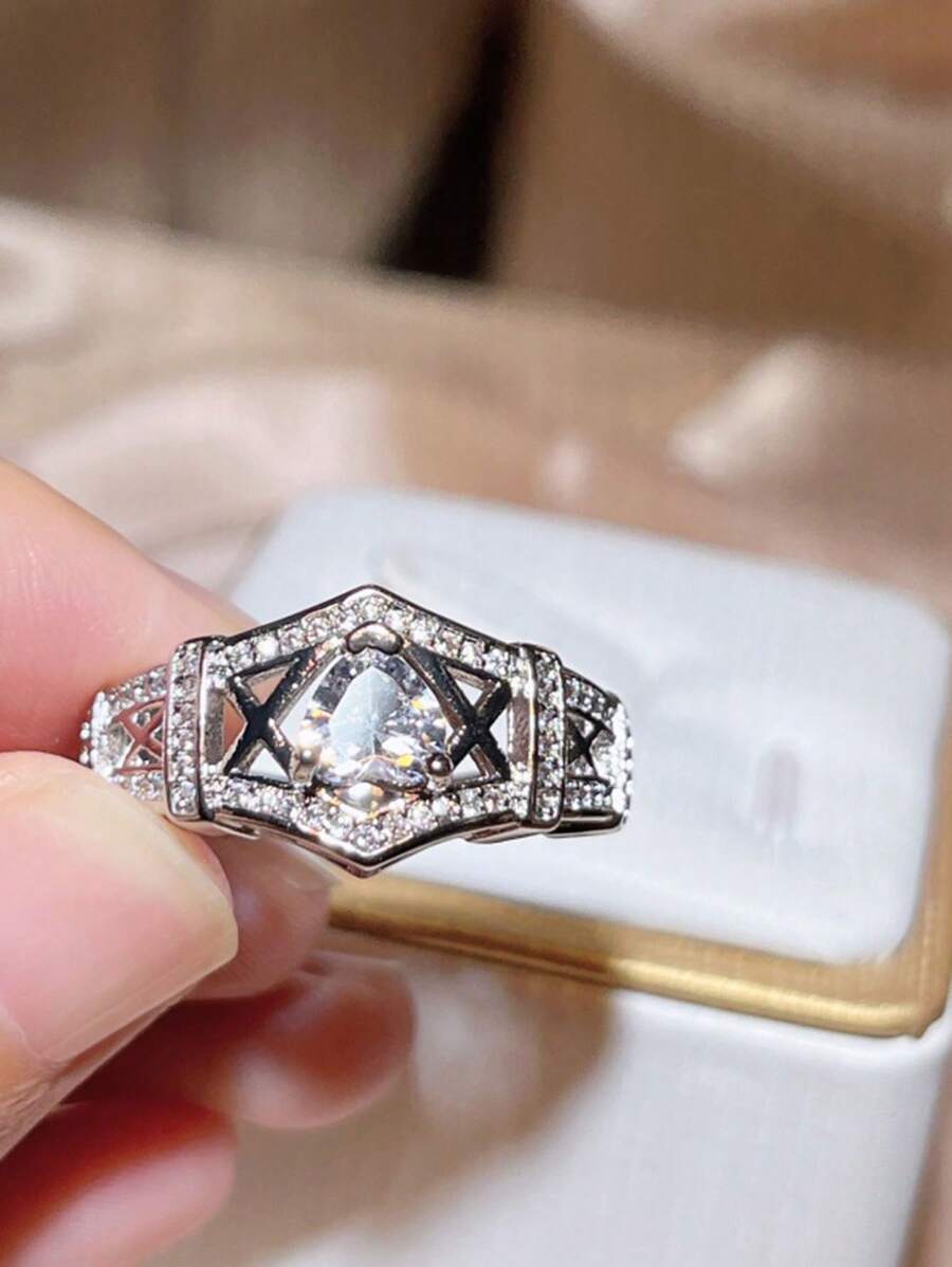 艾菲爾鐵塔訂婚銀戒指,超級閃閃發光,心形設計,適合情侶 - 銀色 - 查看 1