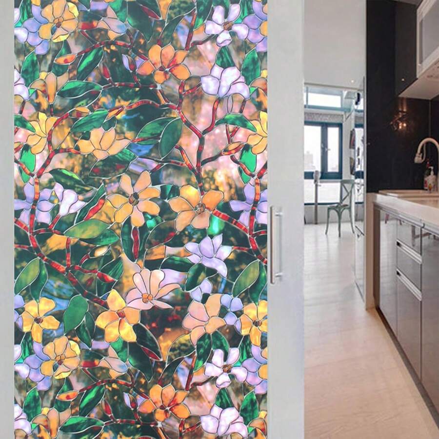 彩色和花卉效果隱私玻璃貼紙,適用於廚房、客廳、辦公室,非自粘靜電式窗貼紙,復古玻璃門貼膜裝飾窗戶,復古裝修歐式貼紙 (多種尺寸可選) - 彩色 - 查看 1