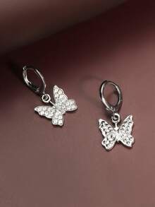 1 對時尚優雅蝴蝶造型鑲鑽女式耳環,適合休閒浪漫場合 - 銀色 - 查看 4