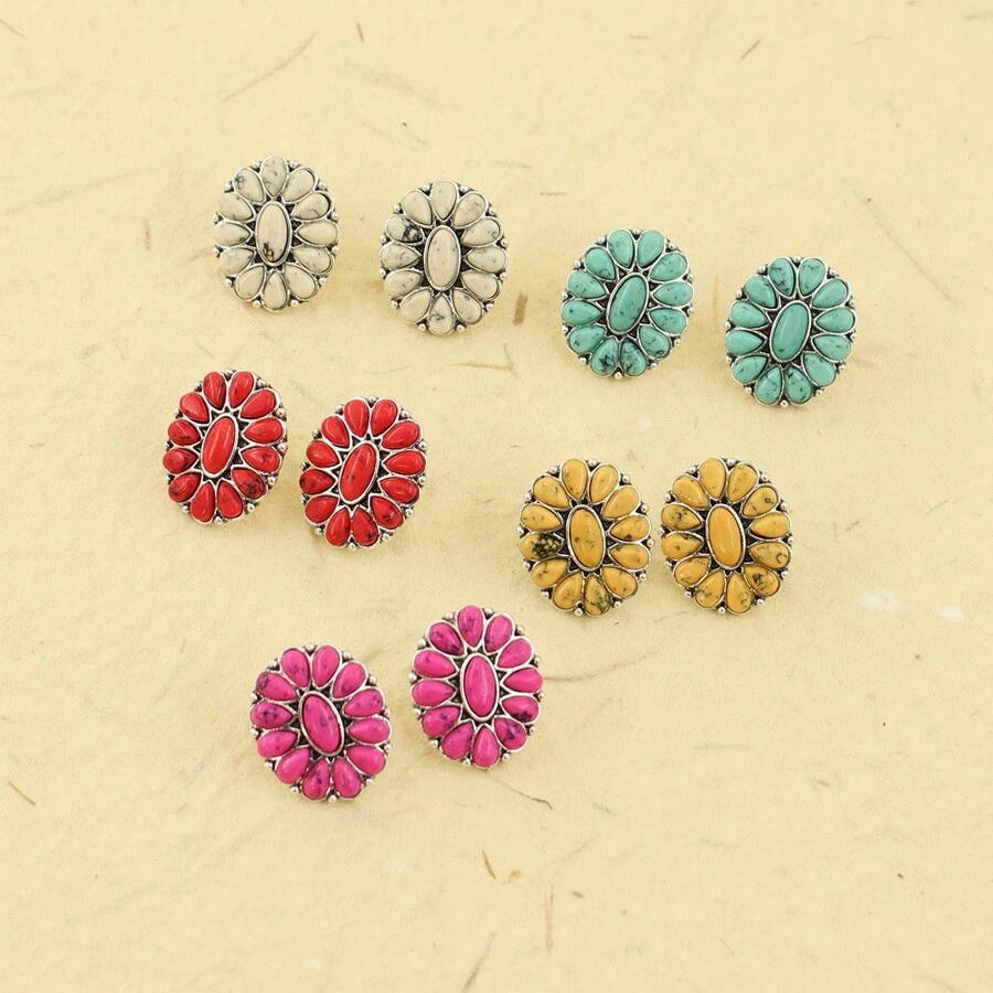 1對復古銀色綠松石橢圓形耳環,適合女性日常佩戴,西部牛仔風格,時尚耳飾 - E05 - 查看 1