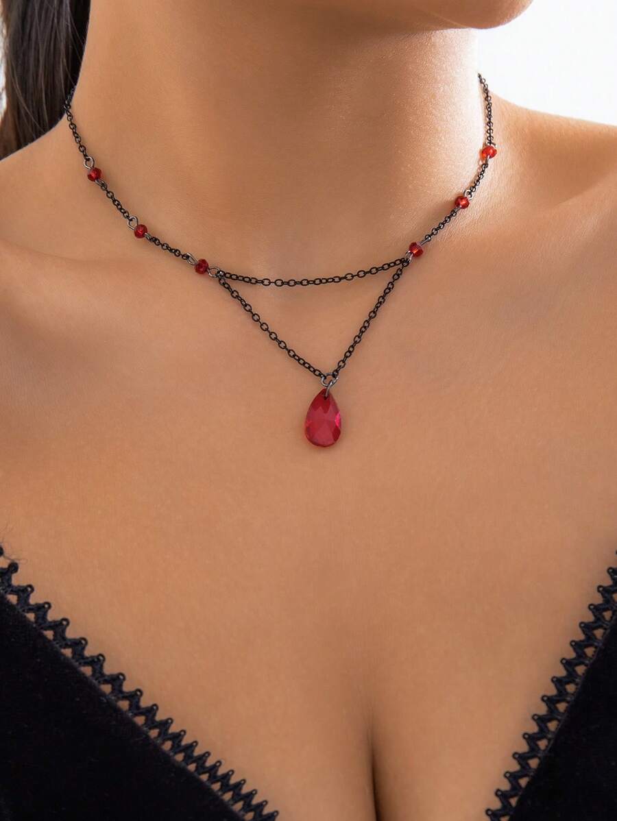 1條精緻的個性化復古黑色珠子和水晶水滴y形項鍊,創意萬聖節街頭風格珠寶首飾,節日送禮給朋友的禮物 - 彩色 - 查看 1