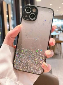 1pc Starry Sky Glittering Camera Lens Protection Phone Case Compatible With Iphone & Android, Shockproof Full Coverage Mobile Shell - Black - View 2
