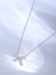 1pc Delicate & Small S925 Sterling Silver Bowknot Pendant Necklace For Women, Cubic Zirconia Inlaid, Perfect For Daily Wear - Women's Model - View 2