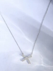 1pc Delicate & Small S925 Sterling Silver Bowknot Pendant Necklace For Women, Cubic Zirconia Inlaid, Perfect For Daily Wear - Women's Model - View 1