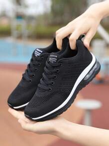 男士戶外跑鞋氣墊減震透氣網布休閒運動鞋繫帶旅遊鞋軟底運動跑鞋。 - 黑色 - 查看 1