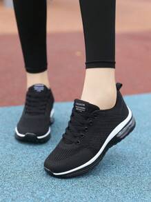 男士戶外跑鞋氣墊減震透氣網布休閒運動鞋繫帶旅遊鞋軟底運動跑鞋。 - 黑色 - 查看 4