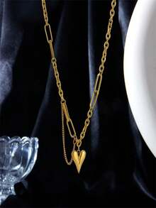 1pc Titanium Steel Heart Pendant Necklace & Bracelet Set, Vintage Hip Hop Style, , Anti-Fade, Fashionable, Niche, Style, Fashionable, Collarbone Chain - Star - View 4