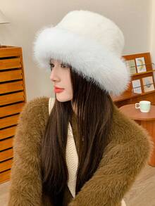 1頂時尚女帽，純色草原風格白色盆帽，冬季戶外保暖耳朵加厚布襯桶帽，適合日常佩戴 - 白色 - 查看 12