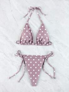 2 件套涤纶咖啡色数码印花圆点吊带三角比基尼套装带吊带和内裤夏季