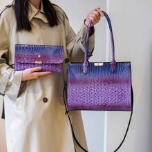 European And American Fashion, Crocodile Pattern Texture, Large-Capacity Portable Shoulder Tote Bag, Gradient Color Pu, Versatile For Daily Commuting To Work, Can Be Worn Cross-Body, Can Be Carried As A Two-Piece Mother-In-Law Bag - Purple - View 1