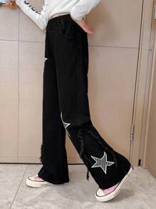 Tween Girl 星星图案牛仔裤，1 条，适合秋冬季 - 黑色 - 查看 4