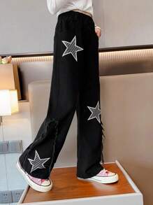 Tween Girl 星星图案牛仔裤，1 条，适合秋冬季 - 黑色 - 查看 2