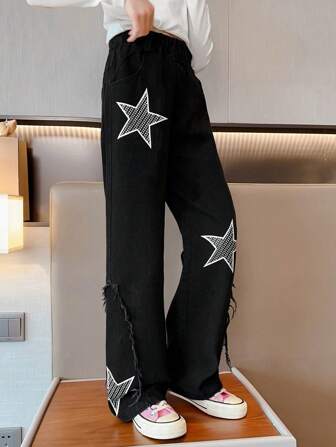 Tween Girl 星星图案牛仔裤，1 条，适合秋冬季