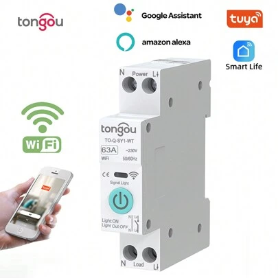 TONGOU 1入組TUYA WiFi智慧開關斷路器，無線手機遙控Din導軌開關4個計時模式，適用於家庭電器的智慧居家設備