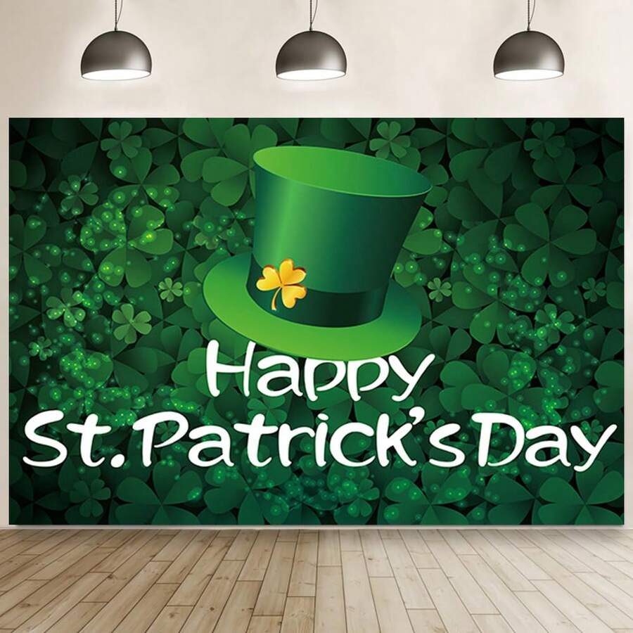 1 件快樂聖派翠克節橫幅,愛爾蘭節日主題派對的幸運四葉草背景布,客廳牆壁裝飾和慶祝背景 5*3 英尺 - 彩色 - 查看 1