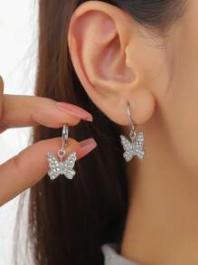 1 對時尚優雅蝴蝶造型鑲鑽女式耳環,適合休閒浪漫場合 - 銀色 - 查看 1