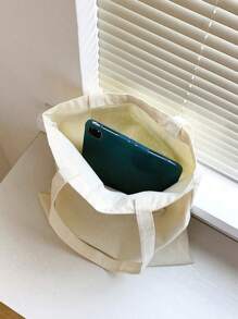 1pc Stylish Beige Canvas Tote Bag With Bread & Letter Print Design For Women, Shopping Bag