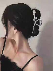 1 件銀色玫瑰花爪夾優雅時尚金屬髮夾 - 銀色 - 查看 2