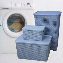 Canastas Cestos Organizadoras Paquete Kit 3 piezas para Ropa Multiusos con Tapa Rattan Plástico - Azul - Ver 1