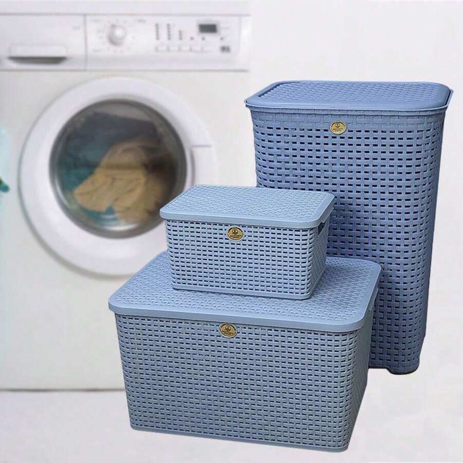 Canastas Cestos Organizadoras Paquete Kit 3 piezas para Ropa Multiusos con Tapa Rattan Plástico - Azul - Ver 1