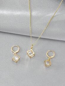 3 件裝簡單立方體/四面體設計幾何形狀鏤空耳環和鍍金鍊適合女士日常佩戴 - 金色 - 查看 3